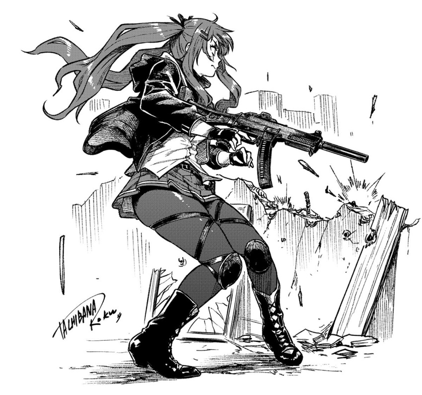 1girl assault_rifle boots closed_mouth fingerless_gloves floating_hair girls'_frontline gloves greyscale gun h&amp;k_ump9 hair_ornament hairclip high_heel_boots high_heels holding holding_gun holding_weapon jacket miniskirt monochrome open_clothes open_jacket pantyhose pigeon-toed pleated_skirt rifle shirt signature skirt solo standing tachibana_roku twintails ump9_(girls'_frontline) weapon