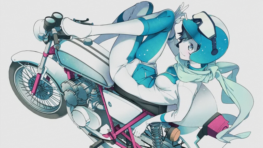 1girl bangs biker_clothes bikesuit black_hair blue_eyes bodysuit boots breasts crossed_legs cutie_honey cutie_honey_universe gloves ground_vehicle helmet hurricane_honey looking_at_viewer lying medium_breasts motor_vehicle motorcycle motorcycle_helmet noguchi_yuriko official_art on_back on_motorcycle scarf simple_background skin_tight smile solo zipper