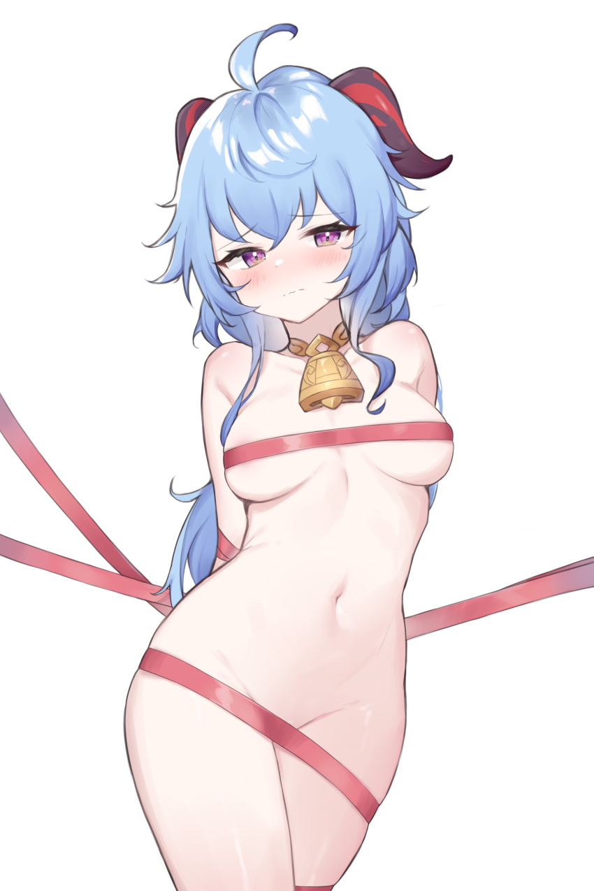 1girl absurdres ahoge arched_back arms_behind_back bell blue_hair blush bound breasts collarbone cowbell cowboy_shot ganyu_(genshin_impact) genshin_impact goat_horns highres horns long_hair looking_at_viewer low_ponytail medium_breasts naked_ribbon navel obam purple_eyes red_ribbon ribbon simple_background solo tied_up white_background