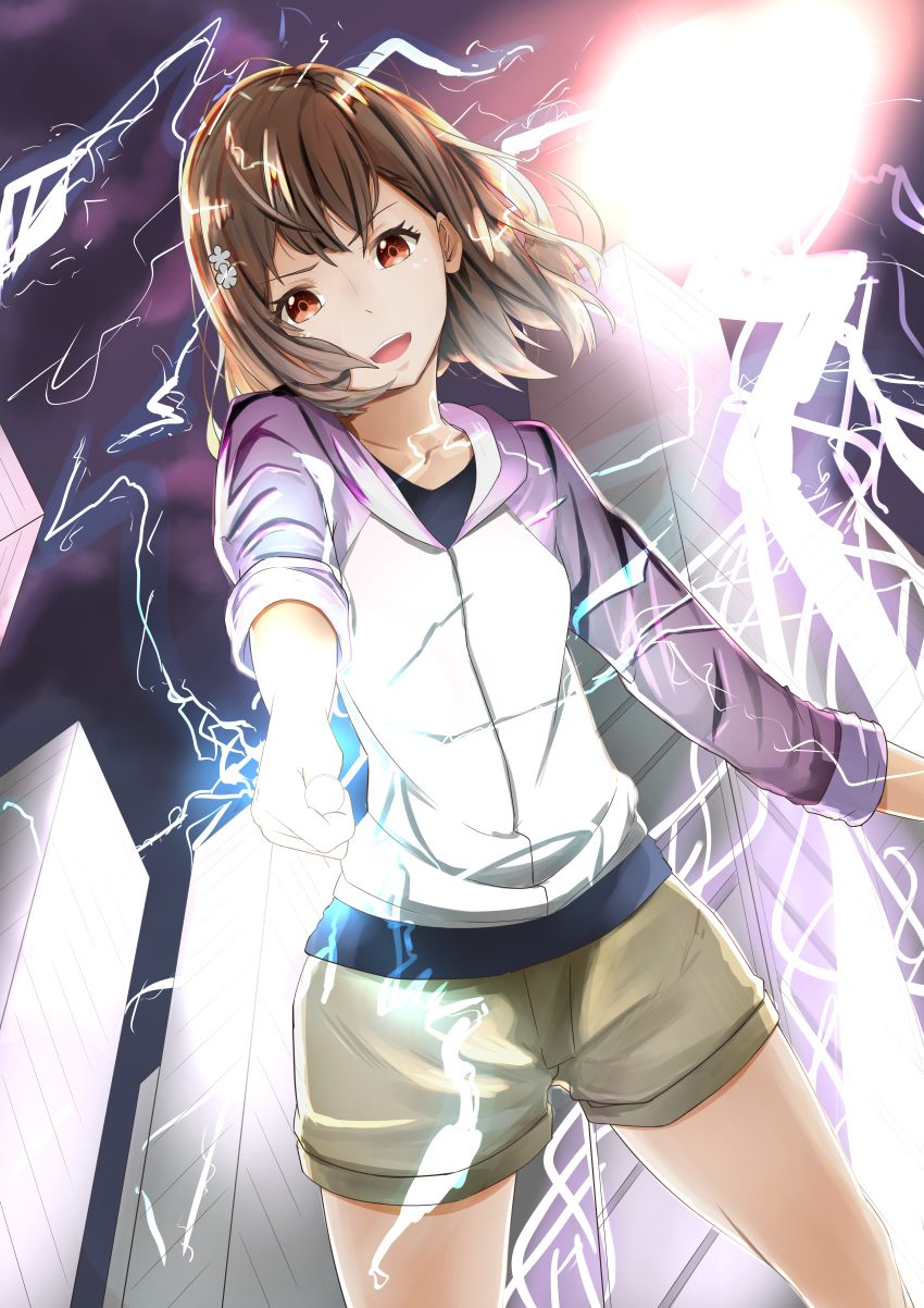 1girl :d absurdres bangs biribiri black_undershirt brooch brown_eyes brown_shorts building cityscape clip_studio_paint_(medium) coin commentary cowboy_shot electricity eyelashes falling from_below hair_strand highres holding holding_coin hood hood_down hoodie huge_filesize jewelry legs_apart looking_at_viewer messy_hair misaka_mikoto night open_mouth outstretched_arm pomme3650 purple_hoodie raglan_sleeves railgun shorts smile solo toaru_kagaku_no_railgun toaru_majutsu_no_index two-tone_hoodie upper_teeth v-shaped_eyebrows white_hoodie