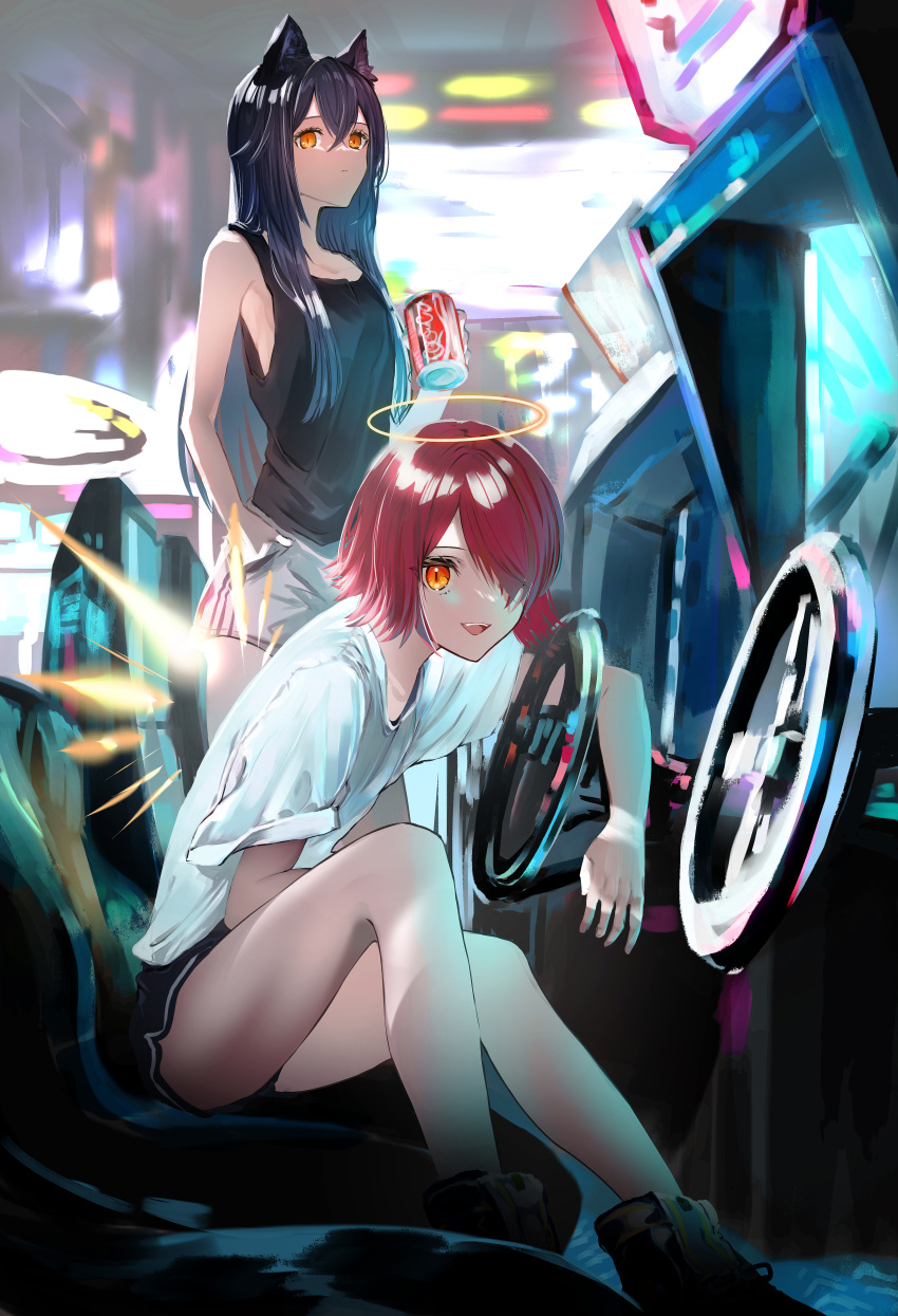 2girls absurdres animal_ears arcade arknights bare_arms bare_legs black_shorts black_tank_top blurry blurry_background boots can commentary_request drink energy_wings exusiai_(arknights) grey_shorts halo hand_in_pocket highres holding holding_drink huge_filesize indoors multiple_girls nanaponi open_mouth orange_eyes red_hair shirt short_hair short_sleeves shorts sitting slit_pupils smile standing t-shirt tank_top texas_(arknights) white_shirt wolf_ears
