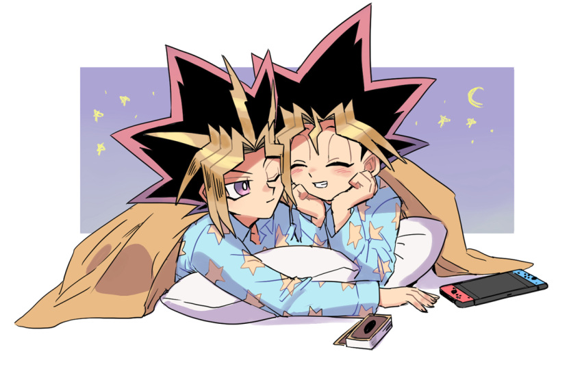 2boys black_hair blonde_hair blush bright_pupils card closed_eyes closed_mouth grin head_rest long_sleeves lying male_focus multicolored_hair multiple_boys mutou_yuugi nintendo_switch on_stomach one_eye_closed pajamas pillow purple_eyes shi_(shooo_ttt) smile spiked_hair symbol-only_commentary teeth under_covers white_pupils yami_yuugi yu-gi-oh! yu-gi-oh!_duel_monsters
