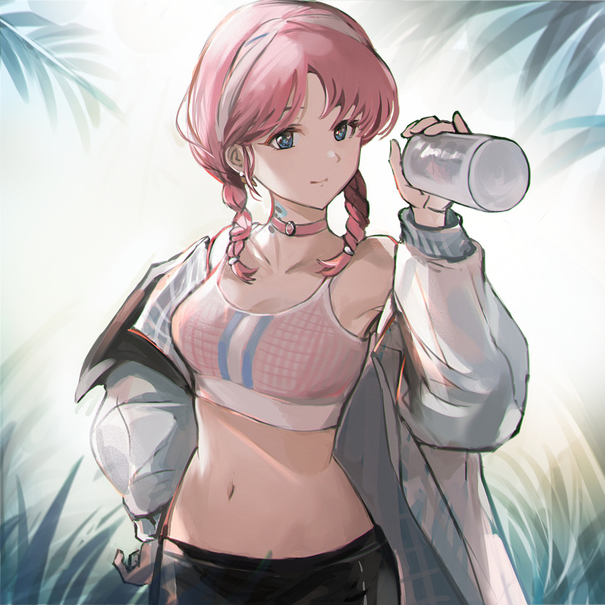 1girl arknights black_pants blue_eyes blue_poison_(arknights) blue_poison_(shoal_beat)_(arknights) bottle braid breasts chinese_commentary choker closed_mouth collarbone commentary_request hairband hand_up highres holding holding_bottle jacket light_smile long_sleeves medium_breasts medium_hair midriff navel off_shoulder official_alternate_costume open_clothes open_jacket orlijiang palm_leaf pants pink_choker pink_hair pink_sports_bra solo sports_bra stomach twin_braids upper_body water_bottle white_background white_hairband white_jacket white_sports_bra
