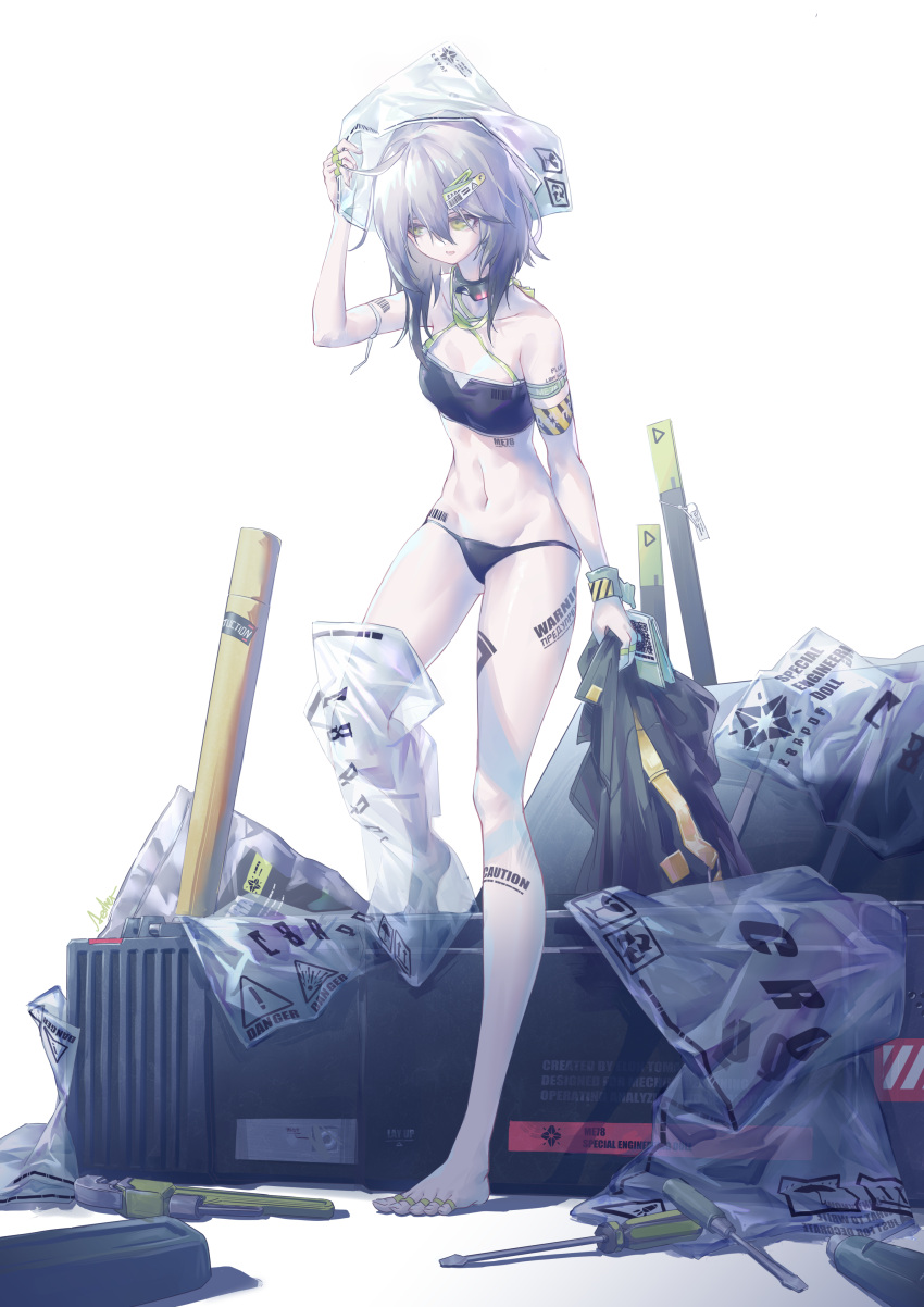 1girl absurdres ahoge bag bag_on_head barcode barcode_tattoo bare_shoulders barefoot black_panties box commentary_request croque_(girls'_frontline_nc) fagun_yibei girls'_frontline girls'_frontline_neural_cloud gradient_hair green_eyes grey_hair hair_between_eyes hair_ornament hairclip highres holding holding_clothes holding_jacket jacket medium_hair multicolored_hair navel open_mouth panties plastic_bag screwdriver solo tattoo tools underwear white_background wrench