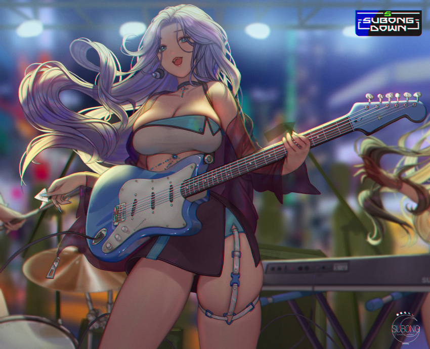 1girl aqua_eyes bare_shoulders breasts choker cleavage collar crop_top drum drum_set guitar highres instrument large_breasts microphone music navel original piano playing_instrument plectrum purple_hair rock_band see-through skindentation skirt sleeveless stage stage_lights subong thick_thighs thigh_strap thighs