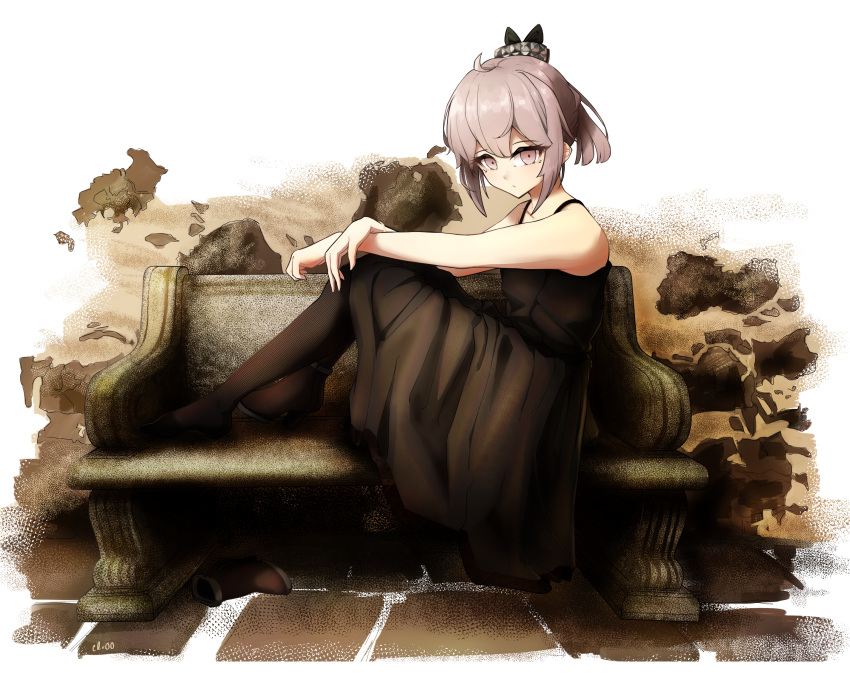 1girl bare_shoulders bench blush closed_mouth collarbone crr001 dress expressionless girls'_frontline grey_eyes hand_on_legs highres looking_at_viewer m200_(girls'_frontline) official_alternate_costume pantyhose ponytail short_hair silver_hair simple_background sitting solo tied_hair