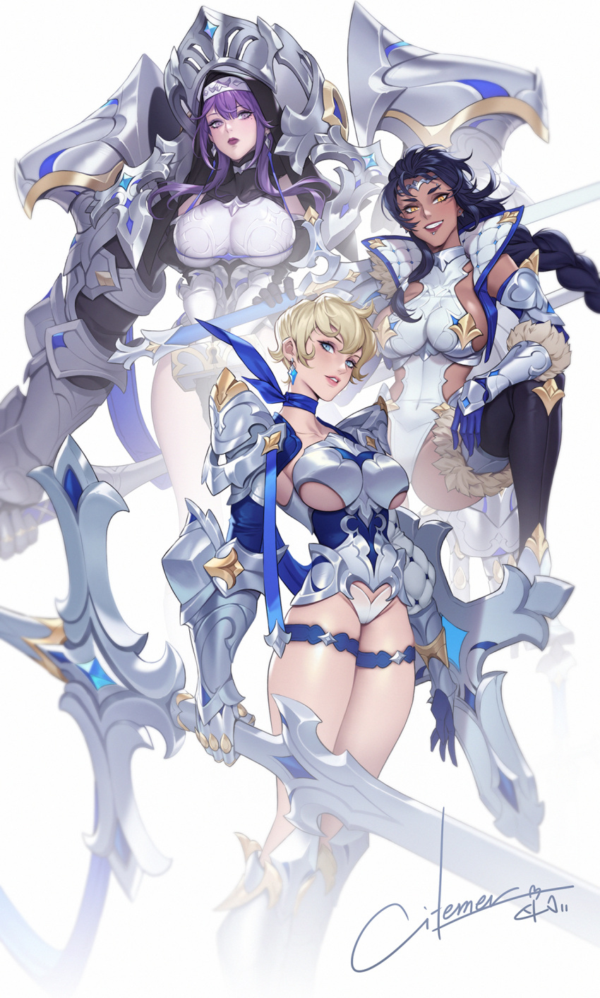3girls armor armored_boots armored_leotard artist_name bikini_armor black_gloves black_hair blonde_hair blue_eyes blue_gloves blue_neckwear blush boots braid breasts brown_eyes citemer closed_mouth earrings gauntlets gloves grey_background hand_on_leg highres holding holding_sword holding_weapon jewelry knight large_breasts lipstick long_hair looking_at_viewer makeup mole mole_under_eye multiple_girls necktie original pauldrons purple_eyes purple_hair shield short_hair shoulder_armor signature smile smirk standing sword thigh_strap underboob weapon white_background