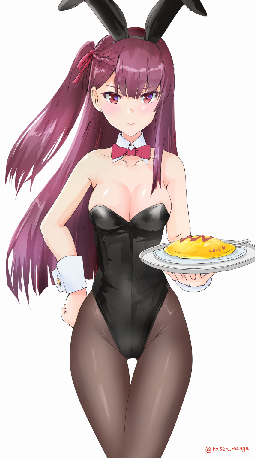 1girl absurdres animal_ears black_legwear black_leotard bow bowtie breasts cleavage commentary_request cowboy_shot detached_collar food girls'_frontline half_updo highres holding holding_plate leotard long_hair looking_at_viewer medium_breasts omelet omurice pantyhose plate playboy_bunny purple_hair rabbit_ears rasen_manga red_eyes red_neckwear simple_background solo standing strapless strapless_leotard thigh_gap wa2000_(girls'_frontline) white_background wrist_cuffs
