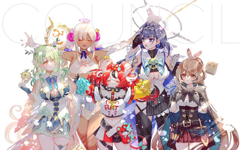 5girls bangs black_hair blue_hair bow bowtie breasts brown_cloak brown_eyes brown_hair brown_skirt ceres_fauna cleavage_cutout cloak closed_eyes clothing_cutout commentary corset dark-skinned_female dark_skin elbow_gloves feather_hair_ornament feathers friend_(nanashi_mumei) gloves green_hair hair_intakes hair_ornament hakos_baelz holocouncil hololive hololive_english large_breasts long_hair looking_back looking_to_the_side mamaloni midriff mr._squeaks_(hakos_baelz) multicolored multicolored_clothes multicolored_hair multicolored_skirt multiple_girls nanashi_mumei navel open_mouth ouro_kronii pleated_skirt purple_eyes red_hair silver_hair skirt smile standing tsukumo_sana virtual_youtuber white_background white_gloves white_hair yatagarasu_(tsukumo_sana) yellow_eyes