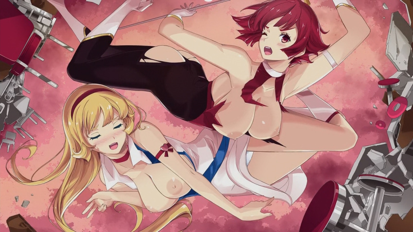 2girls armband armpits ass bangs blonde_hair blush boots breasts brown_eyes cleavage cleavage_cutout closed_eyes clothing_cutout collarbone cutie_honey cutie_honey_(character) cutie_honey_universe dress dual_persona embarrassed eyelashes gloves hairband kisaragi_honey large_breasts lipstick long_hair looking_at_viewer makeup mikoto_akemi multiple_girls nipples official_art one_eye_closed panties pantyshot red_hair sidelocks skin_tight sleeveless sleeveless_dress smile sword torn_clothes underwear v v-shaped_eyebrows weapon white_panties