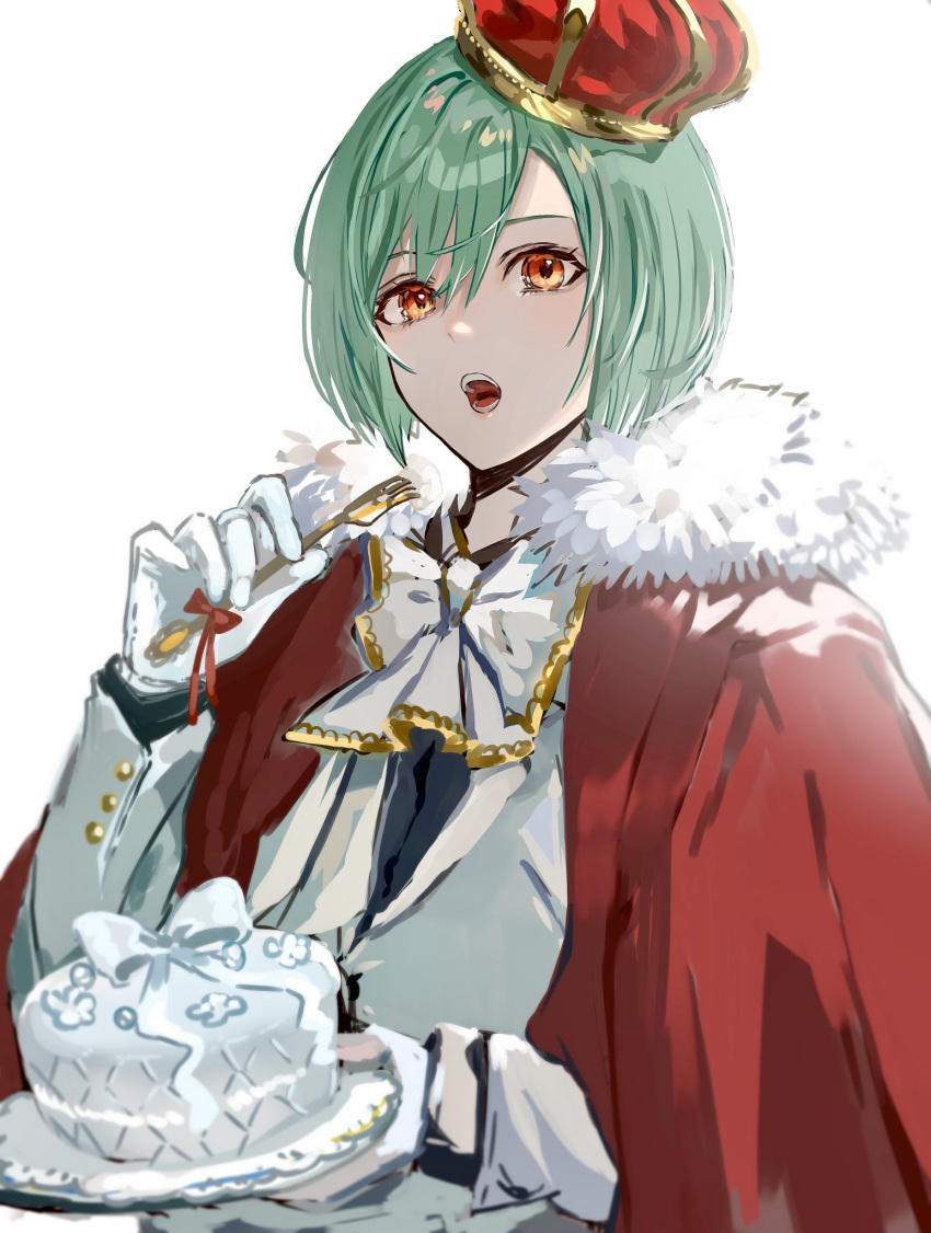 1boy a3! bow bowtie cake cloak commentary crown food fork fur_trim gloves green_hair hand_up highres holding holding_fork holding_plate jacket long_sleeves male_focus mini_crown nanaponi open_mouth plate red_cloak red_eyes rurikawa_yuki short_hair simple_background solo teeth white_background white_gloves white_jacket white_neckwear