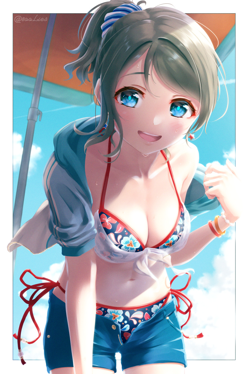 1girl :d absurdres bangs bikini bikini_under_clothes blue_eyes blue_shorts blue_sky blush breasts cleavage cloud collarbone floral_print front-tie_bikini front-tie_top grey_hair hair_ornament hair_scrunchie halterneck highres hood hooded_jacket hoodie jacket looking_at_viewer love_live! love_live!_sunshine!! medium_breasts multicolored multicolored_bikini multicolored_clothes multicolored_jacket multicolored_swimsuit navel open_clothes open_jacket open_mouth ponytail scrunchie short_shorts short_sleeves shorts side-tie_bikini sidelocks sky smile solo string_bikini striped striped_scrunchie sweat swimsuit toine twitter_username two-tone_jacket umbrella unbuttoned_shorts unzipped upper_teeth watanabe_you