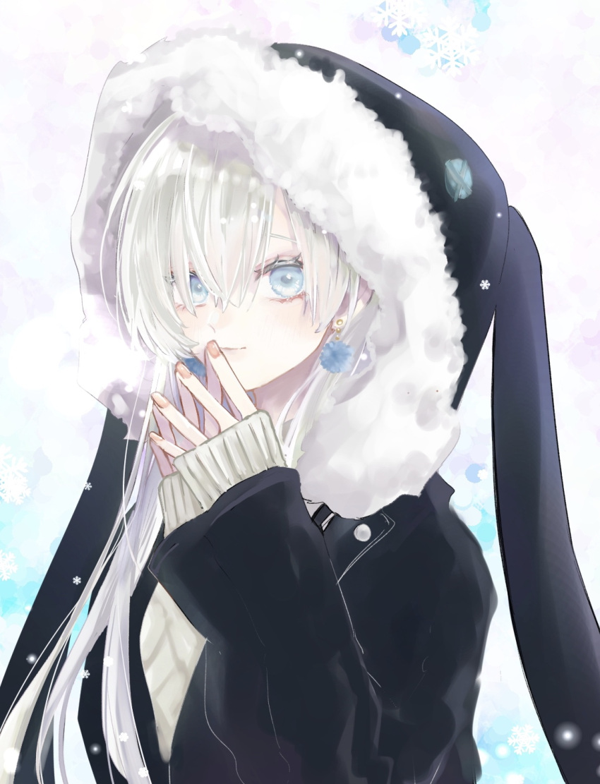 1girl anastasia_(fate) asa_(1asa-0-asa1) bangs black_jacket blue_eyes blush breasts earrings fate/grand_order fate_(series) hair_over_one_eye hairband highres hood hood_up jacket jewelry large_breasts long_hair long_sleeves looking_at_viewer silver_hair snowflakes under_the_same_sky very_long_hair