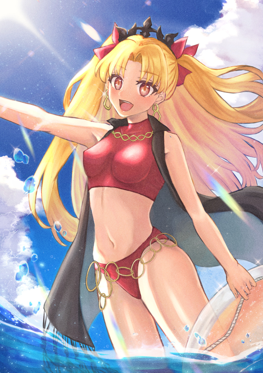 1girl absurdres bangs blonde_hair blue_sky blush breasts earrings ereshkigal_(fate) fate/grand_order fate_(series) hair_ribbon highres hoop_earrings innertube jewelry light_rays long_hair looking_at_viewer medium_breasts navel necklace ocean open_mouth parted_bangs red_eyes red_swimsuit ribbon shiina sky smile solo swimsuit tiara two_side_up