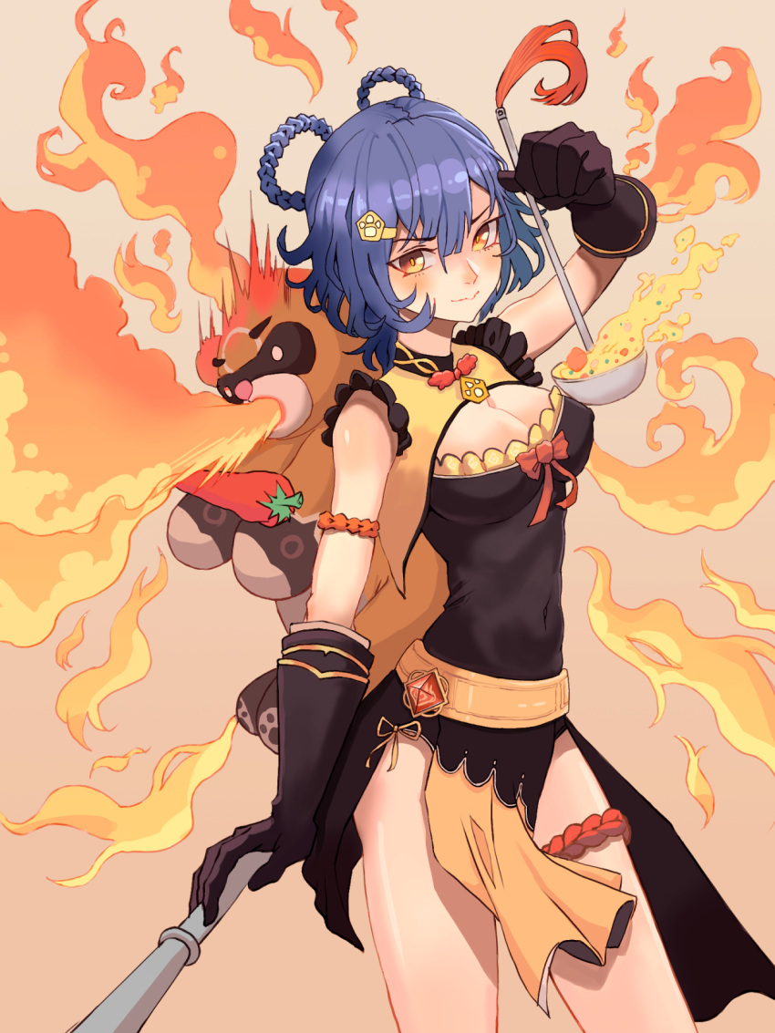 1girl bangs black_gloves black_hair blunt_bangs braid breasts chili_pepper chinese_clothes cleavage commentary_request dual_wielding eyebrows_visible_through_hair fire genshin_impact gloves guoba_(genshin_impact) hair_ornament hairclip highres holding holding_ladle holding_staff ladle long_hair looking_at_viewer orange_eyes oro_(lsg0624) red_panda sidelocks simple_background staff twin_braids v-shaped_eyebrows vision_(genshin_impact) xiangling_(genshin_impact)