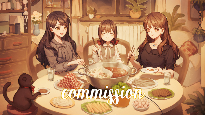 3girls aluce black_hair blush book brown_eyes brown_hair cat chair chopsticks closed_eyes closed_mouth closet commission earrings eating food happy highres holding holding_plate jewelry lamp long_hair looking_down meat multiple_girls necklace noodles open_mouth original pillow plant plate shiny shiny_hair sitting sleeves_rolled_up smile soup table tied_hair vegetable water watermark window yellow_eyes