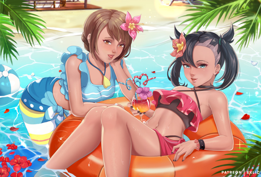 2girls beach black_hair brown_hair crazy_straw criss-cross_halter drinking_straw exlic feet_out_of_frame flower gloria_(pokemon) hair_flower hair_ornament halterneck heart_straw innertube looking_at_viewer marnie_(pokemon) midriff multiple_girls navel official_alternate_costume pokemon pokemon_(game) pokemon_masters_ex swimsuit water wristband