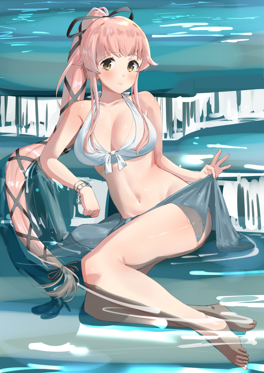 1girl barefoot bikini blue_sarong breasts brown_eyes cleavage collarbone commentary_request full_body hair_flaps hair_ribbon highres kantai_collection large_breasts long_hair looking_at_viewer navel osananajimi_neko pink_hair ponytail prehensile_hair ribbon sarong sitting solo swimsuit very_long_hair water white_bikini yokozuwari yura_(kancolle)