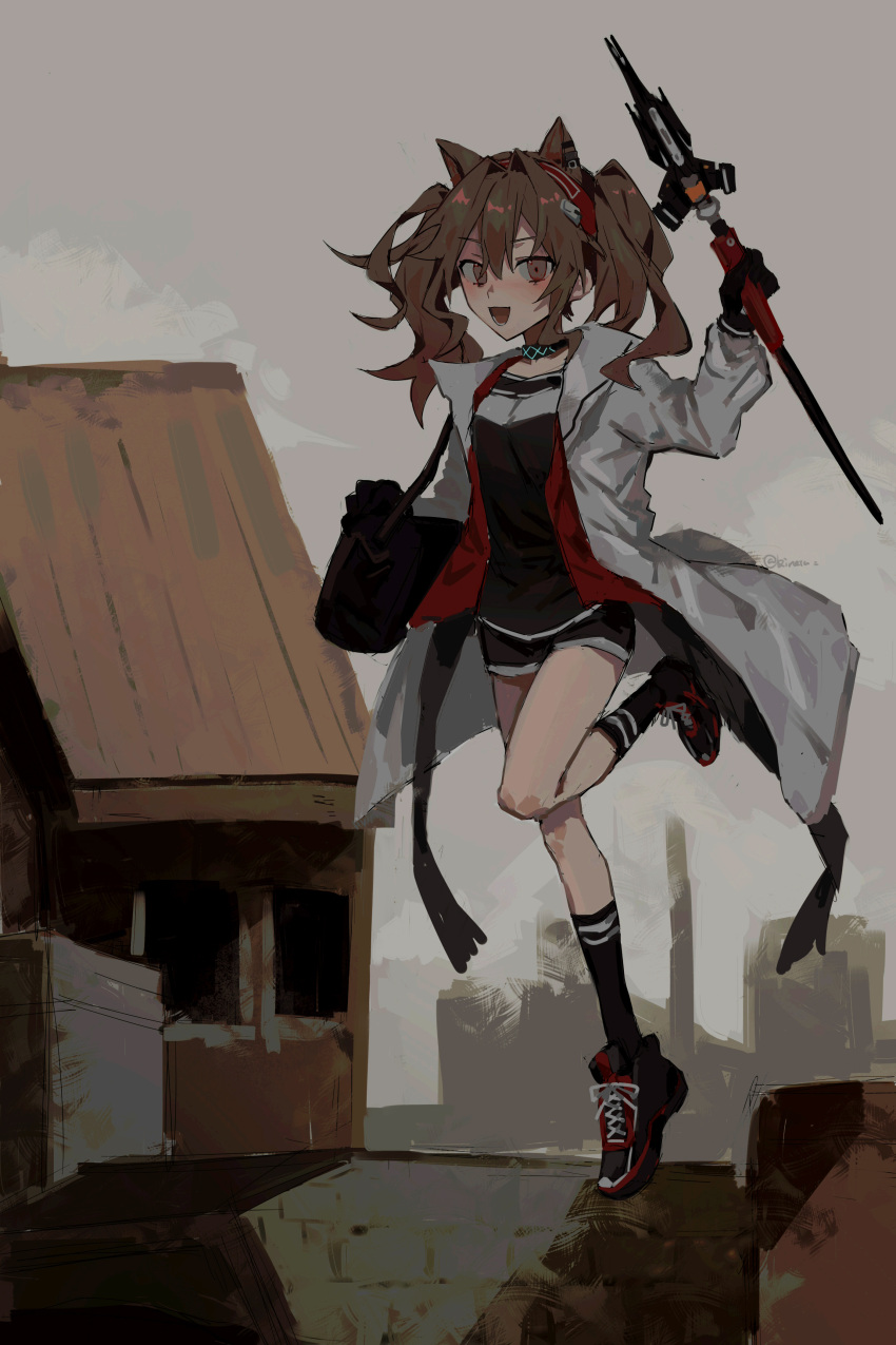 1girl absurdres angelina_(arknights) animal_ears arknights bag bangs black_footwear black_gloves black_legwear black_shirt black_shorts brown_eyes brown_hair building chinese_commentary cloud coat commentary floating fox_ears full_body gloves grey_sky hairband highres holding holding_staff infection_monitor_(arknights) kineta long_hair long_sleeves looking_at_viewer midair open_clothes open_coat open_mouth outdoors red_hairband shirt shoes short_shorts shorts shoulder_bag smile sneakers socks solo staff twintails white_coat