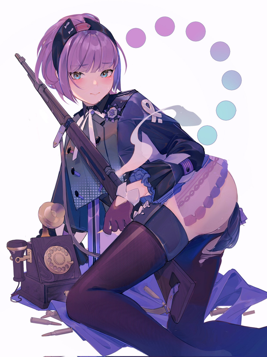 arm_support ass blue_eyes bullet carcano_m91/38_(girls'_frontline) girls'_frontline gloves gun highres holding holding_weapon kneeling looking_at_viewer military phonograph purple_hair sakura_(1723231388) tears thighhighs torn_clothes torn_legwear uniform weapon white_background