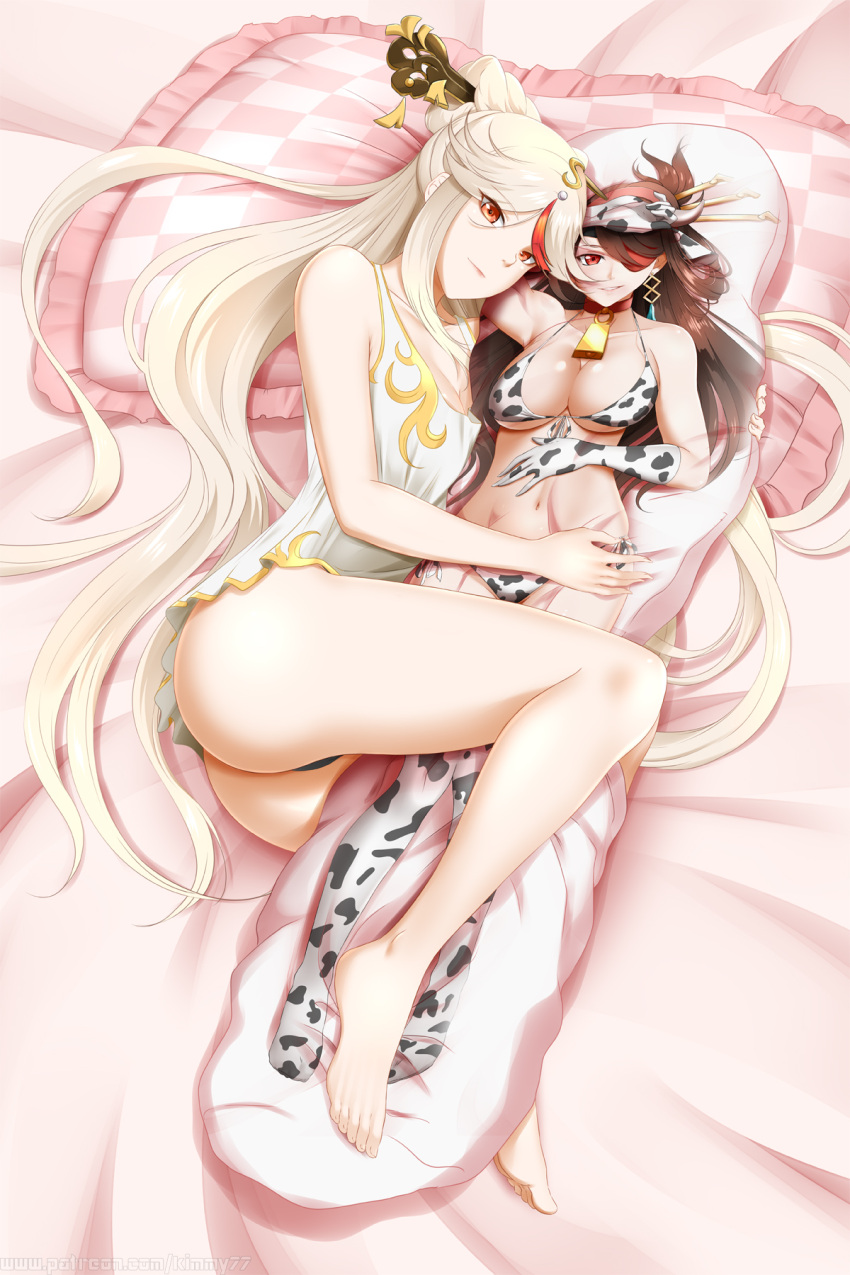 1girl animal_print banned_artist barefoot bed bed_sheet bell bikini blonde_hair breasts brown_hair cleavage closed_mouth cow_print cowbell dakimakura_(object) english_commentary eyepatch full_body genshin_impact hair_ornament hair_stick highres kimmy77 large_breasts long_hair lying medium_breasts navel neck_bell nightgown ningguang_(genshin_impact) object_hug on_bed on_side panties panty_peek pillow pillow_hug red_eyes sleepwear solo swimsuit underwear very_long_hair white_hair