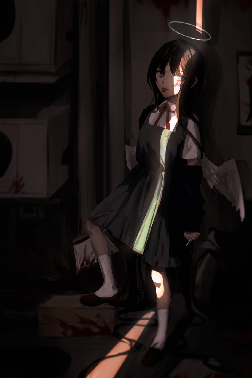 1girl absurdres black_dress black_footwear blood blood_on_face blood_on_ground blood_on_weapon blue_eyes brown_hair cigarette collared_shirt commentary dark_room dress feathered_wings full_body halo highres holding holding_knife holding_weapon indoors kineta knife long_hair looking_at_viewer neck_ribbon original pinafore_dress red_neckwear ribbon shirt short_sleeves smoking socks solo standing tongue tongue_out weapon white_legwear white_shirt wings