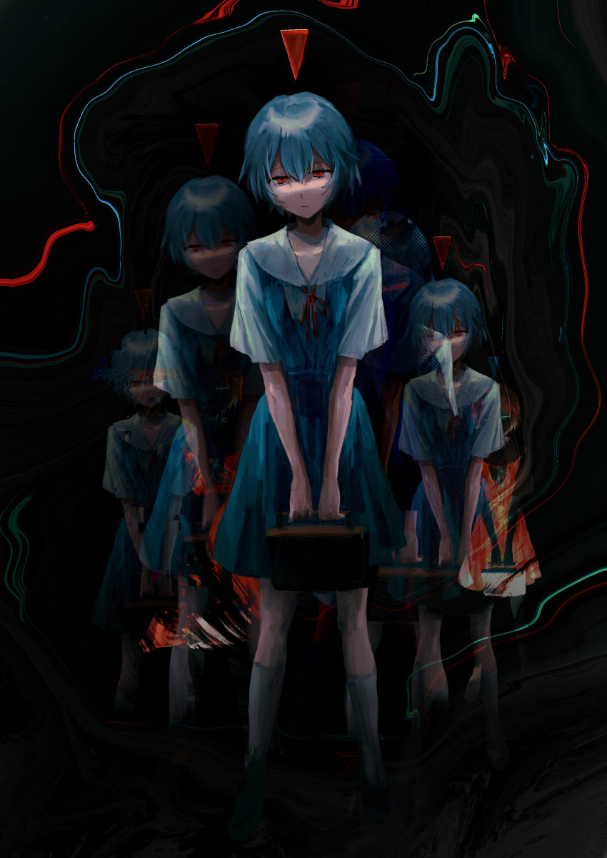 1girl absurdres ayanami_rei bag black_background blue_hair blue_skirt blurry closed_mouth collarbone commentary expressionless glitch highres kineta kneehighs looking_at_viewer multiple_views neck_ribbon neon_genesis_evangelion red_eyes red_neckwear ribbon school_bag school_uniform shirt short_hair short_sleeves skirt standing suspender_skirt suspenders tokyo-3_middle_school_uniform_(evangelion) white_legwear white_shirt