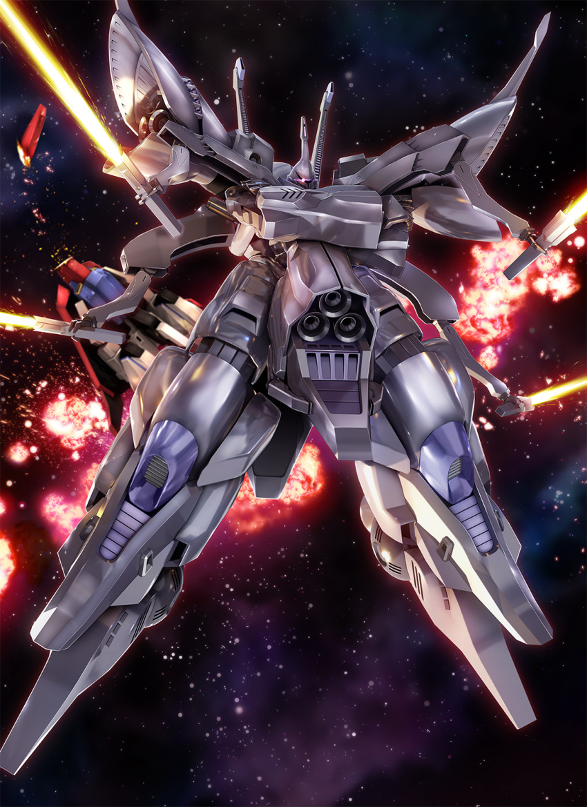 beam_saber explosion extra_arms glowing glowing_eye gundam highres holding holding_sword holding_weapon mecha mobile_suit no_humans purple_eyes science_fiction sd_gundam sd_gundam_g-generation solo_focus space sword titania_(mobile_suit) weapon zb zeta_gundam zeta_gundam_(mobile_suit)