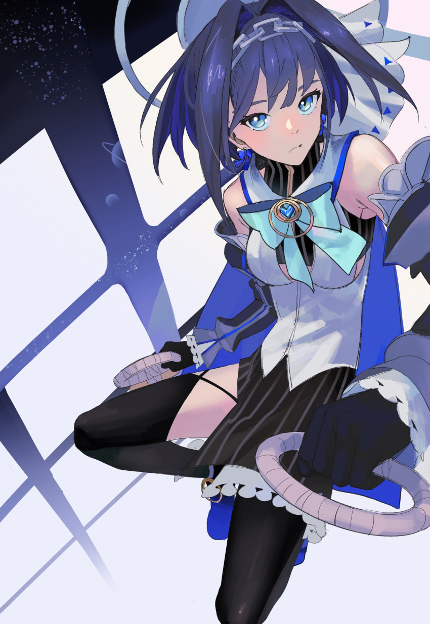 1girl bangs black_gloves black_legwear black_skirt blue_bow blue_eyes blue_hair blush bow clothing_cutout detached_sleeves gloves highres holofanman hololive hololive_english looking_at_viewer ouro_kronii skirt smile solo thighhighs underboob_cutout virtual_youtuber