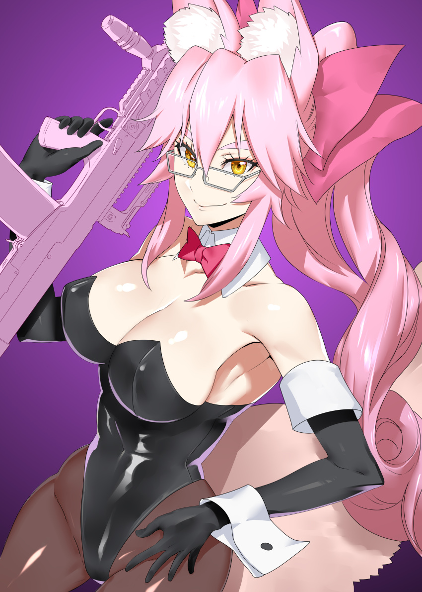 1girl absurdres animal_ear_fluff animal_ears bangs blush bow breasts cleavage fate/grand_order fate_(series) fox_ears fox_girl fox_tail glasses hair_between_eyes hair_bow highres ippo koyanskaya_(fate) large_breasts long_hair looking_at_viewer pink_bow pink_hair ponytail sidelocks tail tamamo_(fate) thighs yellow_eyes