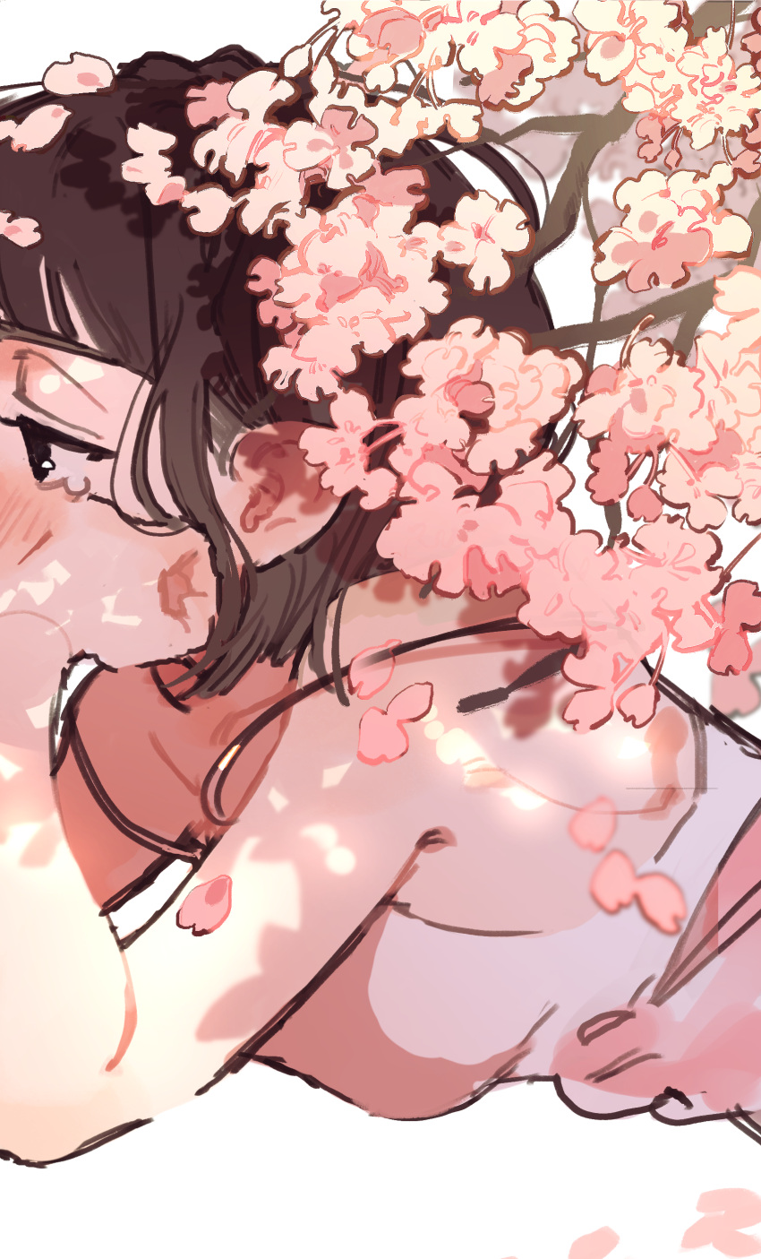 0_05kmgrn 1girl absurdres bangs bare_arms black_eyes branch brown_hair camisole cherry_blossoms commentary_request elbow_rest falling_petals highres lying on_stomach original petals pink_camisole short_hair solo spaghetti_strap upper_body