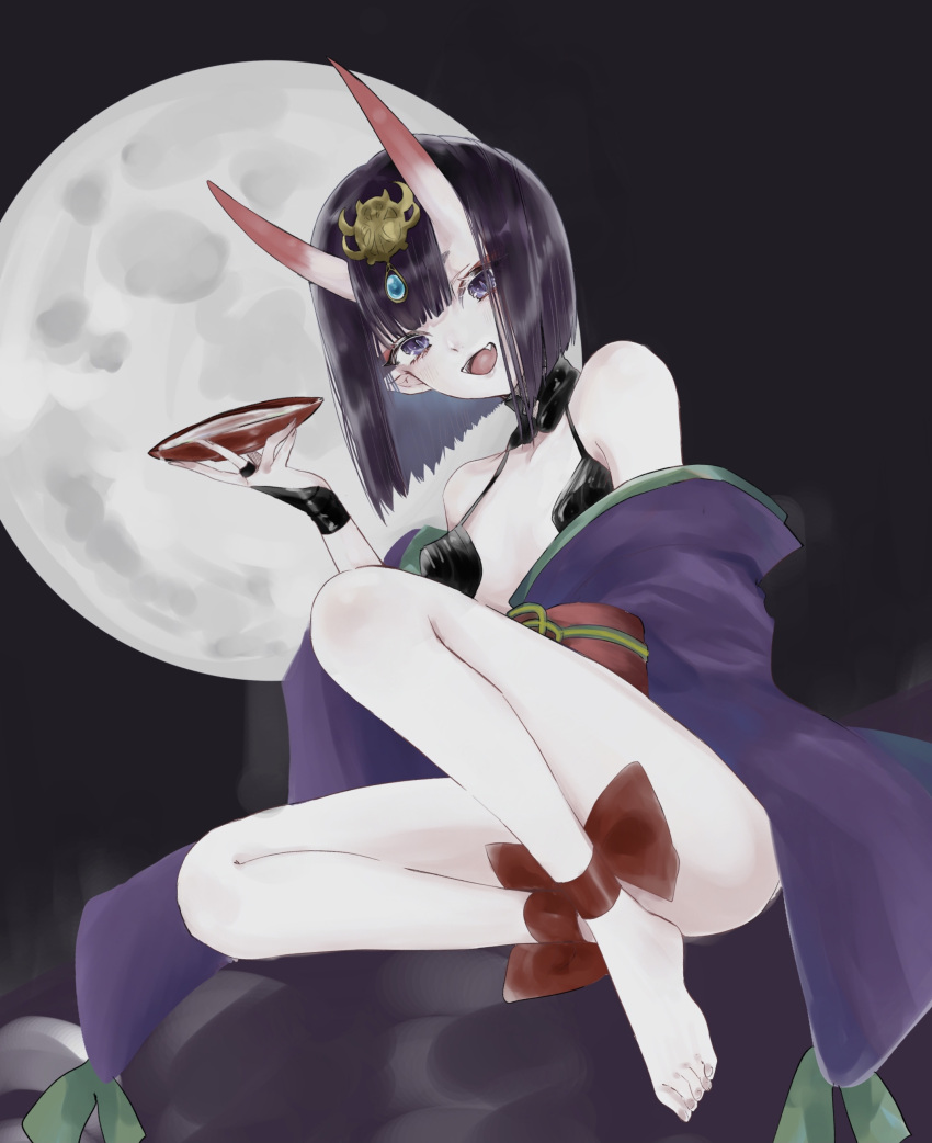 1girl absurdres alcohol ankle_ribbon asa_(1asa-0-asa1) bangs bare_shoulders barefoot bob_cut breasts bridal_gauntlets collarbone cup eyeliner fangs fate/grand_order fate_(series) full_moon headpiece highres horns japanese_clothes kimono legs long_sleeves looking_at_viewer makeup moon night night_sky oni oni_horns open_mouth purple_eyes purple_hair purple_kimono revealing_clothes ribbon sakazuki sake short_hair shuten_douji_(fate) skin-covered_horns sky small_breasts smile solo wide_sleeves