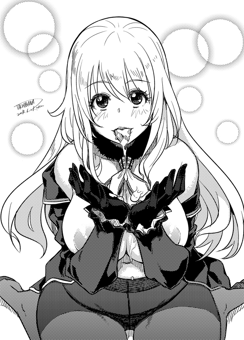 1girl atago_(kancolle) blush breasts cum cum_in_mouth cum_on_tongue cum_string dated gloves greyscale hands_up highres jacket kantai_collection large_breasts long_hair looking_at_viewer monochrome open_clothes open_jacket panties pantyhose signature sitting smile solo tachibana_roku tongue tongue_out topless underwear wariza