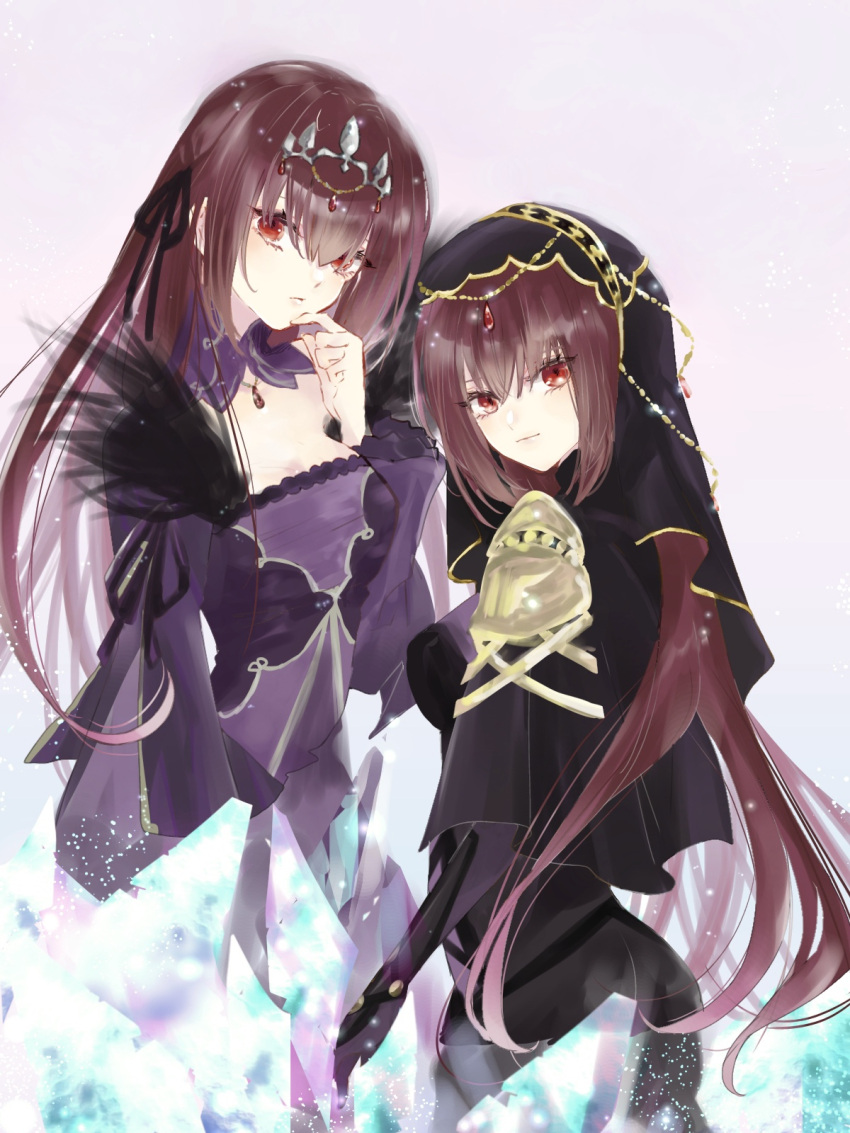 2girls armor asa_(1asa-0-asa1) bangs bare_shoulders black_bodysuit black_capelet bodysuit breasts capelet cleavage detached_collar dress fate/grand_order fate_(series) feather_trim hair_between_eyes highres jewelry large_breasts long_hair long_sleeves looking_at_viewer multiple_girls pauldrons pendant purple_dress purple_hair red_eyes scathach_(fate) scathach_(fate)_(all) scathach_skadi_(fate) shoulder_armor tiara veil