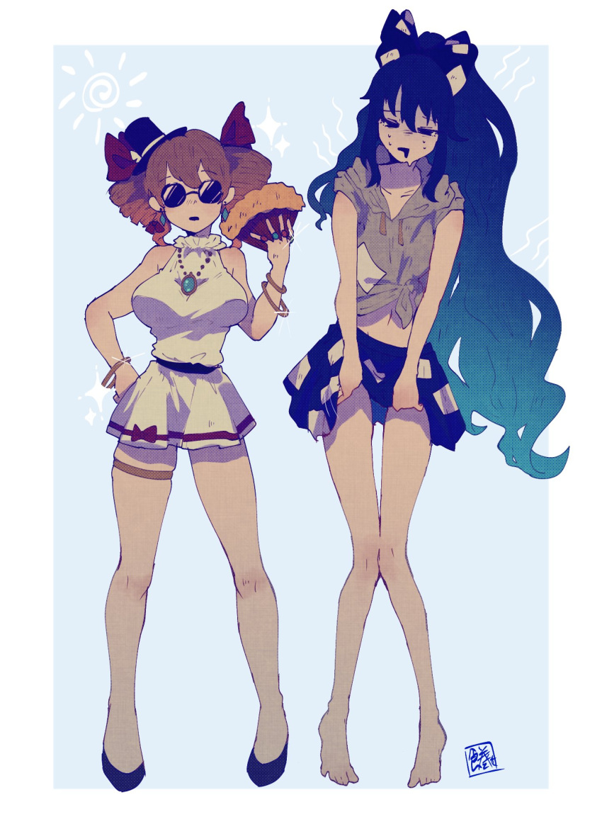 2girls bare_legs barefoot blue_background blue_bow blue_eyes blue_hair blue_skirt bow bracelet dress drill_hair earrings folding_fan grey_hoodie hair_bow hand_fan hat hat_bow high_collar highres holding holding_fan hood hoodie jewelry light_brown_hair long_hair midriff mini_hat mini_top_hat miniskirt multiple_girls navel necklace orange_eyes pendant ribbon ring round_eyewear short_dress short_sleeves siblings sisters skirt sokura_(mochichitose) sunglasses thigh_strap top_hat touhou twin_drills white_dress yorigami_jo'on yorigami_shion