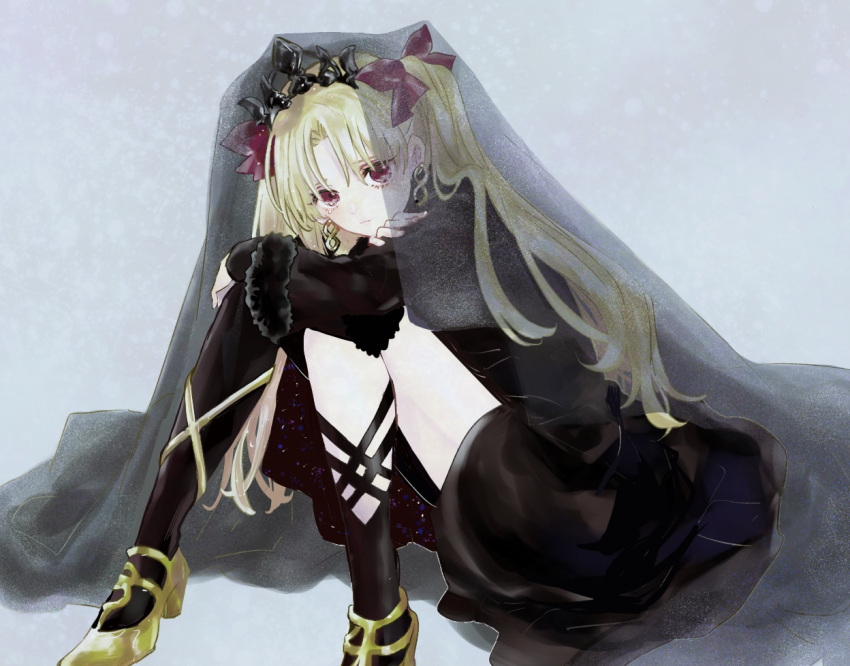 1girl asa_(1asa-0-asa1) bangs black_dress black_legwear blonde_hair breasts dress earrings ereshkigal_(fate) fate/grand_order fate_(series) gold_trim hair_ribbon hoop_earrings jewelry knees_up long_hair long_sleeves looking_at_viewer medium_breasts parted_bangs red_eyes ribbon single_thighhigh sitting solo thighhighs thighs tiara two_side_up veil