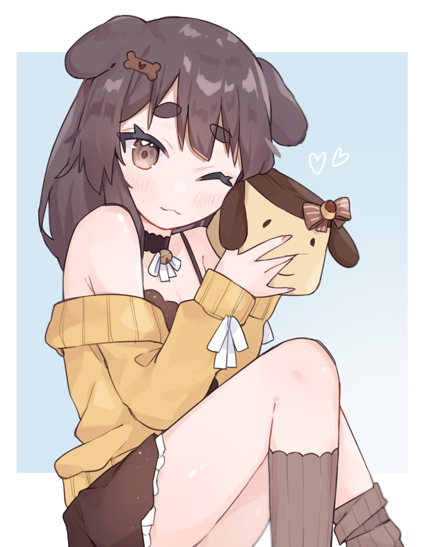 1girl absurdres animal_ears bangs bell black_choker breasts brown_dress brown_eyes choker cleavage dog_ears dog_girl dress english_commentary eyebrows_visible_through_hair highres inukai_purin looking_at_viewer lucabassiart neck_bell off_shoulder one_eye_closed short_eyebrows sitting smile solo sweater tsunderia virtual_youtuber yellow_sweater