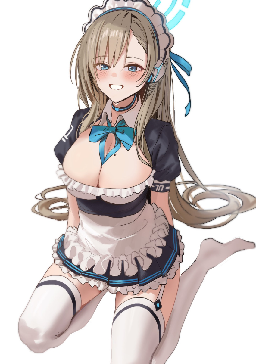1girl apron asuna_(blue_archive) bangs between_breasts black_shirt black_skirt blue_archive blue_bow blue_eyes blush bow breasts brown_hair cleavage eyebrows_visible_through_hair frilled_apron frills garter_straps grin halo highres long_hair looking_at_viewer maid_headdress medium_breasts mole mole_on_breast no_shoes pleated_skirt puffy_short_sleeves puffy_sleeves seiza shirt short_sleeves simple_background sitting skirt smile solo suketoudara_(artist) thighhighs very_long_hair waist_apron white_apron white_background white_legwear