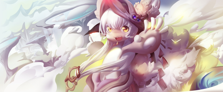 1girl :3 absurdres animal_ear_fluff animal_ears animal_hands bangs body_fur ears_through_headwear fang fantasy furry furry_female hair_ornament headgear highres lmgchikes long_hair looking_at_viewer made_in_abyss nanachi_(made_in_abyss) outstretched_arms rabbit_ears rabbit_girl smile solo spread_arms topless very_long_hair whiskers white_hair yellow_eyes