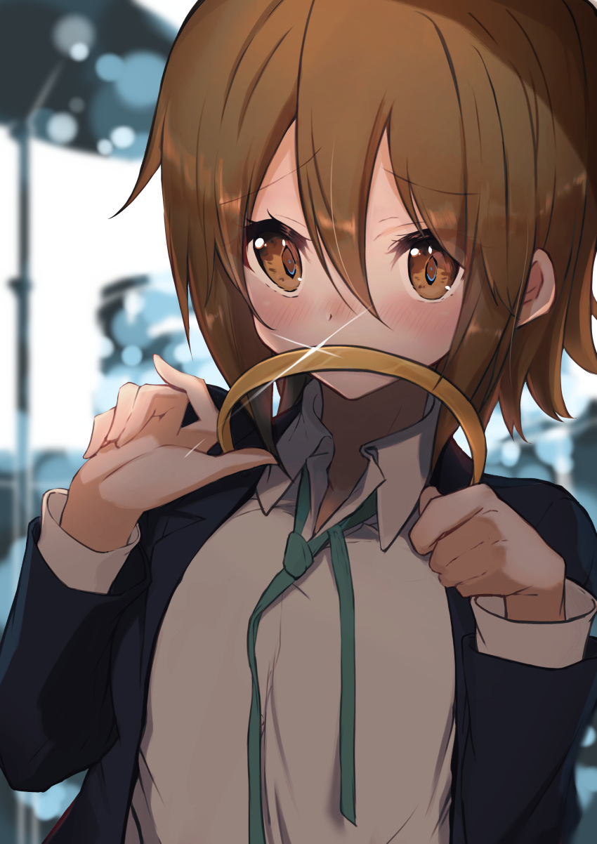 1girl absurdres aqua_neckwear bangs black_jacket blazer blurry blurry_background blush brown_eyes brown_hair collared_shirt commentary covered_mouth eyebrows_visible_through_hair glint hair_between_eyes hairband hairband_removed hands_up highres holding jacket k-on! kootee-on long_sleeves looking_at_viewer neck_ribbon open_clothes open_jacket ribbon school_uniform shirt short_hair solo tainaka_ritsu upper_body white_shirt