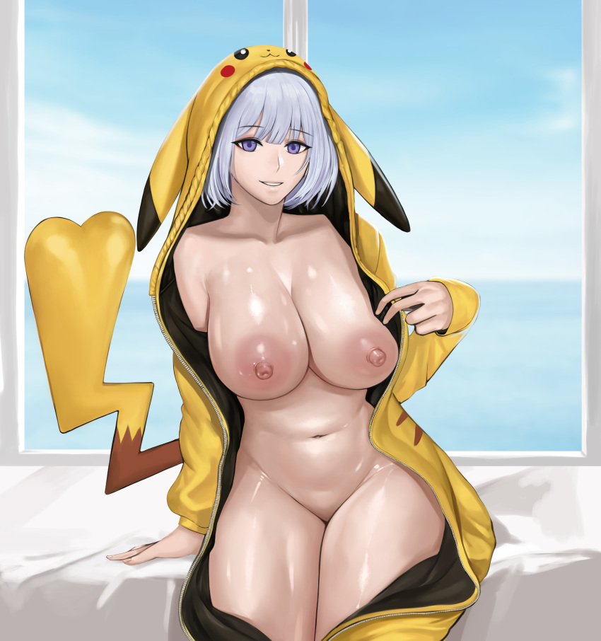 1girl absurdres bangs blue_eyes breasts cleavage eyebrows_visible_through_hair gcg gen_1_pokemon girls'_frontline highres indoors large_breasts looking_at_viewer navel nipples open_clothes parted_lips pikachu pikachu_costume pikachu_hood pokemon rpk-16_(girls'_frontline) shiny shiny_skin short_hair silver_hair sitting smile solo window