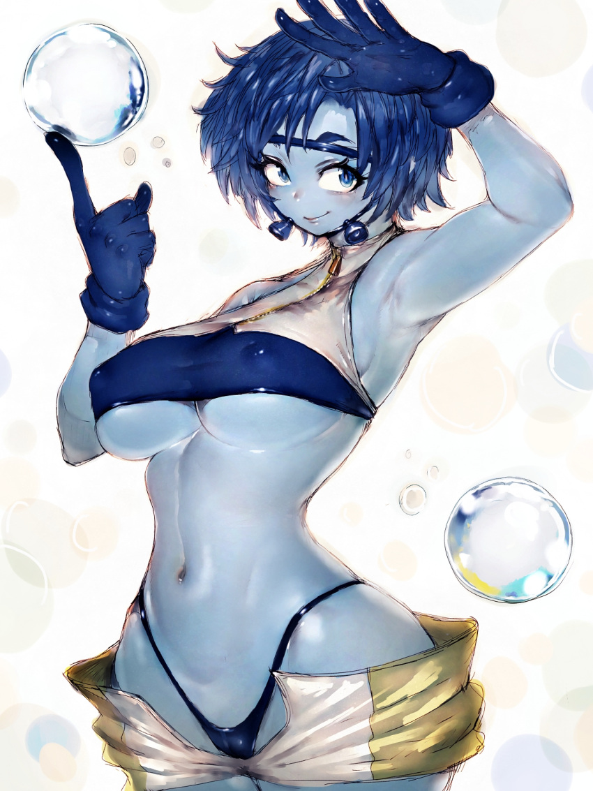 1girl arm_up blue_eyes blue_gloves blue_hair blue_lips blue_skin boku_no_hero_academia breasts bubble_girl_(boku_no_hero_academia) closed_mouth colored_skin covered_nipples crop_top cropped_legs fumio_(rsqkr) gloves grey_background highres hydrokinesis index_finger_raised large_breasts looking_at_viewer medium_breasts messy_hair navel nipples short_hair short_shorts shorts simple_background smile solo stomach thong two-tone_shorts underboob water zipper zipper_pull_tab