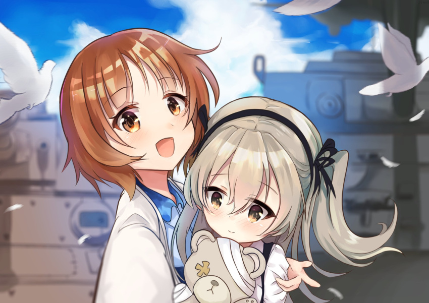 2girls :d arm_around_shoulder bandages bangs bird black_neckwear black_ribbon blue_dress blue_sky blurry blurry_background boko_(girls_und_panzer) bow bowtie brown_eyes brown_hair casual centurion_(tank) closed_mouth cloud cloudy_sky collared_shirt day depth_of_field dove dress eyebrows_visible_through_hair girls_und_panzer ground_vehicle hair_ribbon highres holding holding_stuffed_toy hug jacket light_brown_eyes light_brown_hair long_hair long_sleeves looking_at_viewer military military_vehicle motor_vehicle multiple_girls nishizumi_miho one_side_up ooarai_school_uniform open_clothes open_jacket open_mouth outdoors panzerkampfwagen_iv ribbon sakurano_shiyue school_uniform selfie shimada_arisu shirt short_hair skirt sky smile stuffed_animal stuffed_toy suspender_skirt suspenders tank teddy_bear white_jacket white_shirt