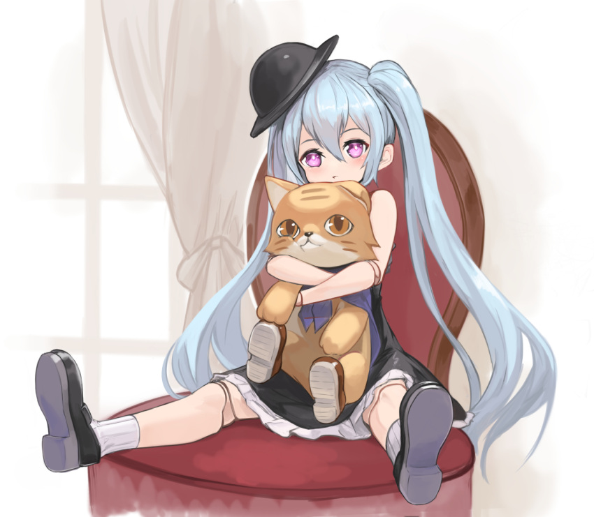 1girl bare_legs black_dress black_headwear blue_hair blush cape chair commentary_request curtains doll_joints dress granblue_fantasy hair_between_eyes hat hug joints loafers long_hair object_hug orchis petticoat shoes sidelocks sitting socks solo stuffed_animal stuffed_toy taba_comya twintails white_legwear window