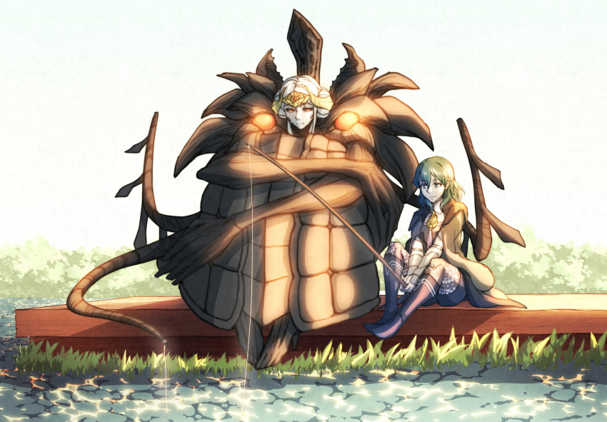 2girls bush byleth_(fire_emblem) byleth_(fire_emblem)_(female) demon_wings dock edelgard_von_hresvelg english_commentary facial_mark fire_emblem fire_emblem:_three_houses fishing fishing_line fishing_rod grass green_eyes green_hair hair_between_eyes hair_ornament hegemon_edelgard highres holding holding_fishing_rod hugging_own_legs knees_on_chest lake looking_at_object multiple_girls red_eyes ripples sitting smile tail thighhighs usbfan white_hair wings