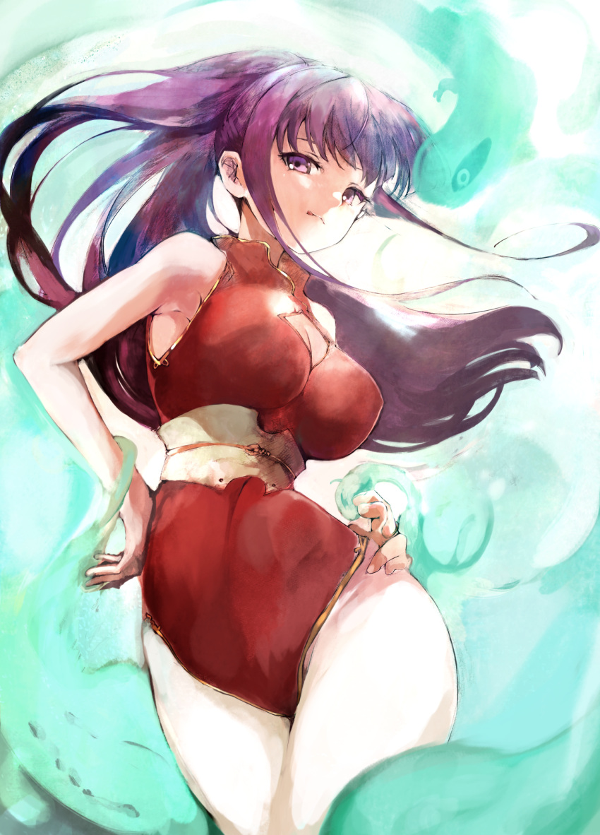 1girl :q agulo bare_arms bare_shoulders breasts chinese_clothes cleavage cleavage_cutout closed_mouth clothing_cutout corset cowboy_shot creature dress hands_on_hips highres large_breasts leotard licking_lips long_hair looking_at_viewer mill_yorks older pantyhose ponytail purple_eyes purple_hair rance_(series) red_leotard simple_background smile solo spirit thighs tongue tongue_out white_legwear wide_hips
