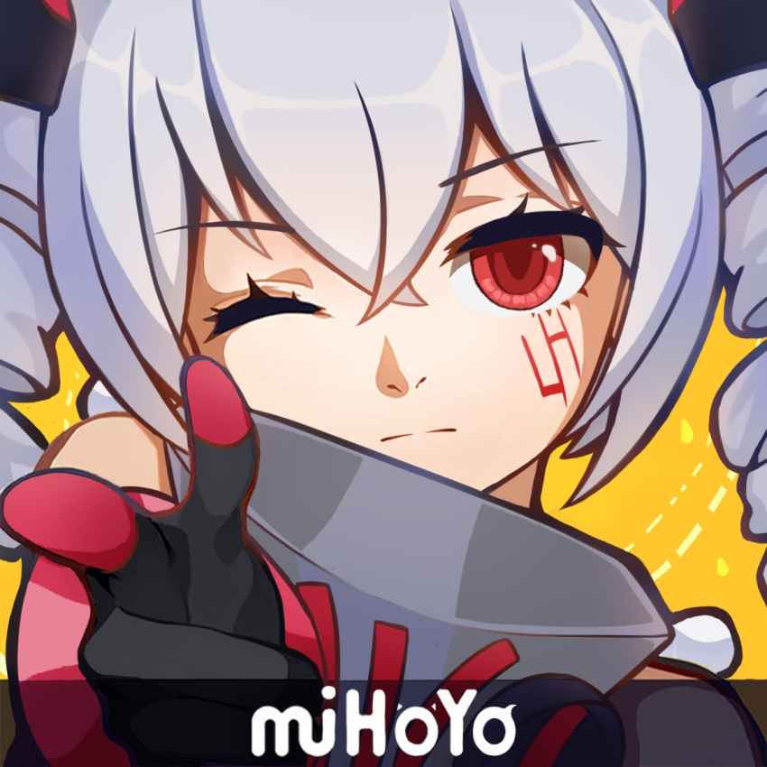 1girl bang_(gesture) bangs bare_shoulders black_gloves bronya_zaychik bronya_zaychik_(black_nucleus) close-up closed_mouth company_name drill_hair finger_gun gloves grey_hair hair_between_eyes honkai_(series) honkai_impact_3rd index_finger_raised nalukikiki one_eye_closed parody pointing pointing_at_viewer portrait red_eyes simple_background solo twin_drills yellow_background