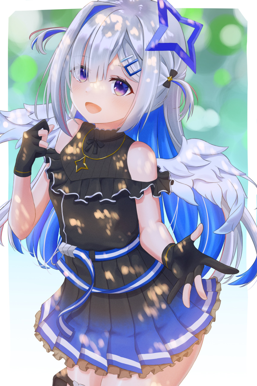 1girl :d absurdres amane_kanata angel angel_wings bare_shoulders beckoning belt black_dress black_gloves blue_belt blue_hair colored_inner_hair dress feathered_wings gloves hair_ornament hair_over_one_eye hairclip halo highres hololive jewelry long_hair looking_at_viewer multicolored_hair necklace nushiya_(ayihsem) open_mouth partially_fingerless_gloves pleated_dress purple_eyes short_dress silver_hair single_hair_intake sleeveless sleeveless_dress smile solo star_(symbol) star_halo star_necklace thigh_pouch two_side_up virtual_youtuber white_wings wings