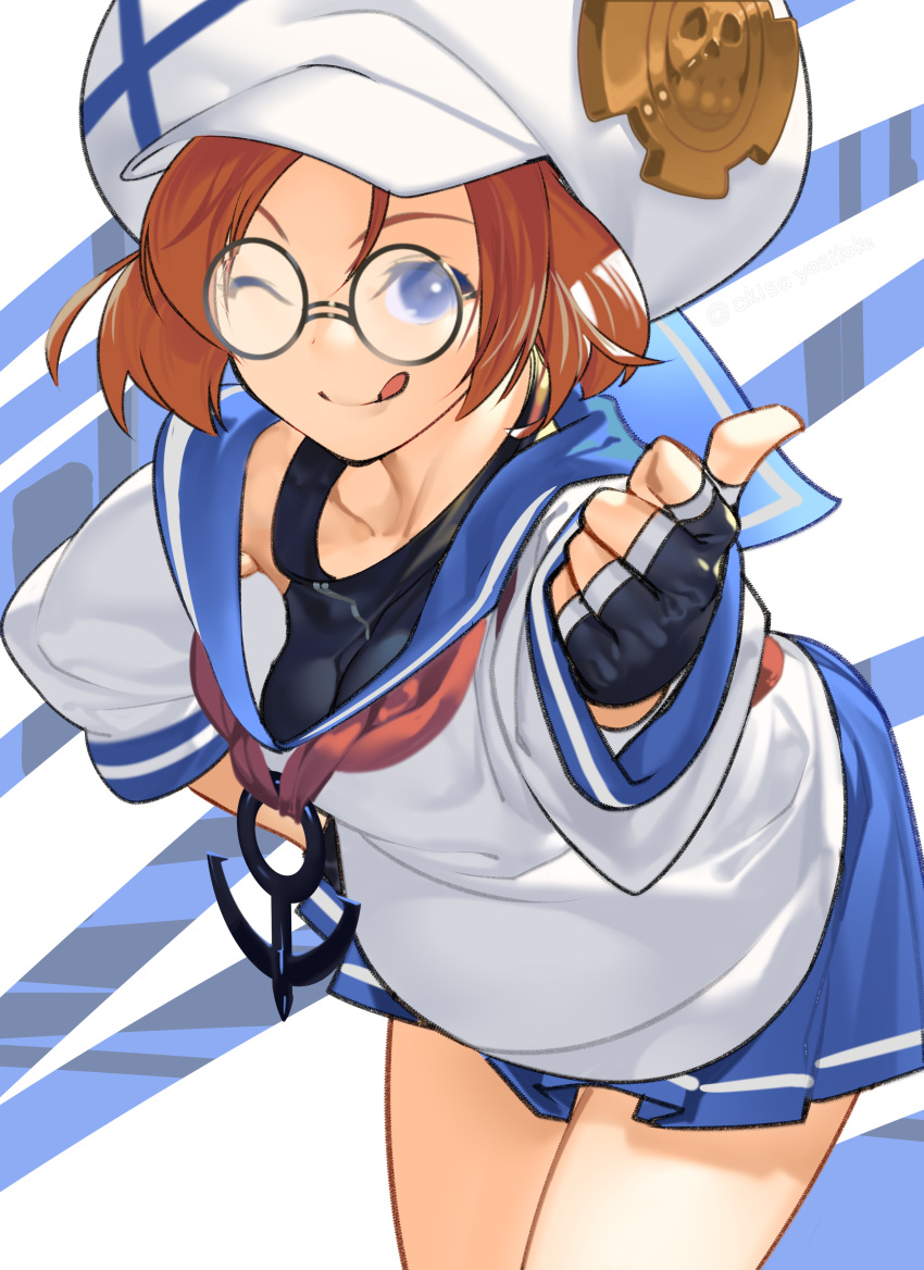 1girl absurdres akisa_(12023648) anchor_ornament april_(guilty_gear) bangs blue_eyes brown_hair collarbone cowboy_shot fingerless_gloves glasses gloves guilty_gear guilty_gear_strive hand_on_hip hat highres long_sleeves looking_at_viewer one_eye_closed short_hair skirt solo thumbs_up tongue tongue_out