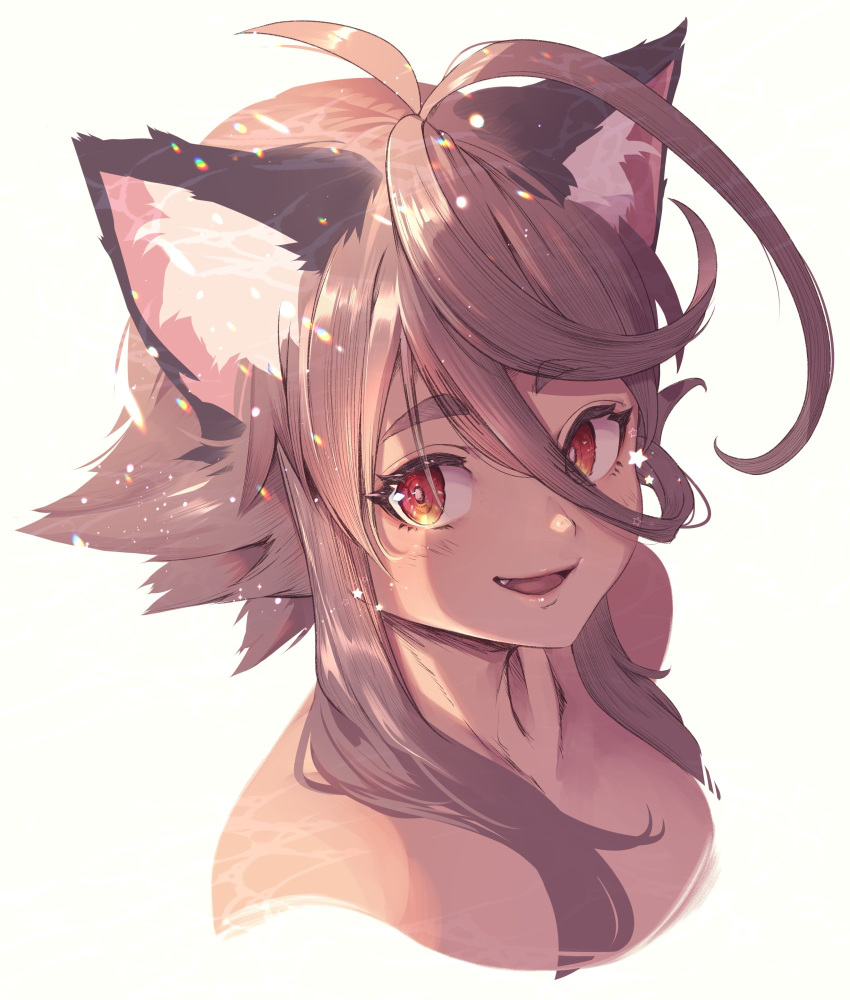 1girl animal_ears brown_hair eyebrows_visible_through_hair fangs hair_between_eyes highres looking_at_viewer nude open_mouth original red_eyes short_hair smile solo thick_eyebrows upper_body yagatake_arashi yana_(nekoarashi)